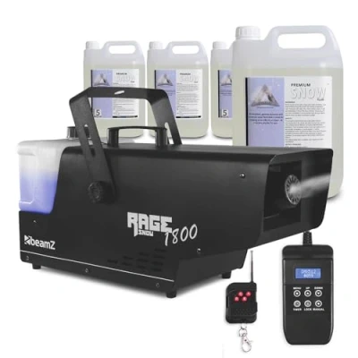 Image of beamz RAGE1800 Snow Machine with Wireless Remote, Timer Control, Illuminated Tank and 20L Fluid for Artificial Christmas Snowflake Blizzard Effects