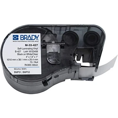 Image of Brady M 33 427 Vinyl B Black on White/Clear Label Maker Cartridge, 4&quot; Width x 1 1/2&quot; Height, For BMP51/BMP53 Printers