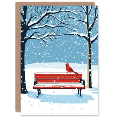 Image of Artery8 Red Cardinal Park Bench Snow Winter Scene Blank For Him Or Her Art Xmas Festive Christmas Card