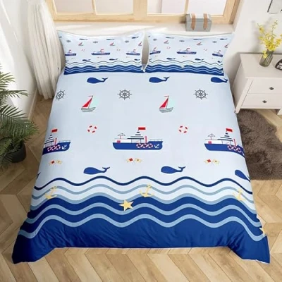 Image of Homemissing Nautical Duvet Cover Sailboat Printed Bedding Set Ocean Themed Comforter for Boys Girls Kids Sea Adventure Bedspread Single With 1 Pillow Case