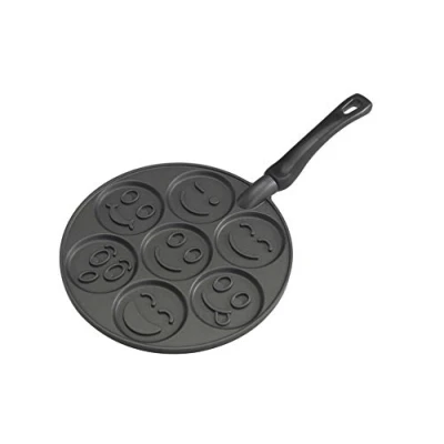 Image of Nordic Ware Smiley Face Pancake Pan, Cast Aluminium Frying Pan for 7 Pancakes, Mini Maker Black, 10 1/2 inch diameter