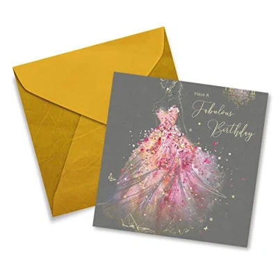 Image of Cherry Orchard Female Open Birthday Card Have a Fabulous Artistic Girl In Gorgeous Pink Dress Flitter &amp; Gold Foil Finish For Her