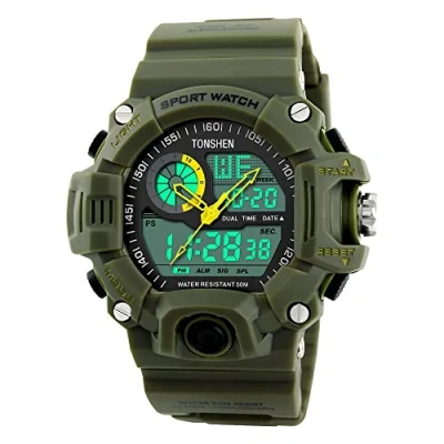 Image of TONSHEN Men&#039;s Military Sport Watches Multifunction Waterproof Analog Display Dual Dial Two Timezone Electronic 12H/24H Time Calendar Day Date 164FT 50M Water Resistant Digital Wristwatch (Green)