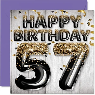 Image of 57th Birthday Card for Men Black &amp; Gold Glitter Balloons Happy Cards 57 Year Old Man Dad Grandad Grandpa Gran Uncle, 145mm x Fifty Seven Seventh Greeting Gift
