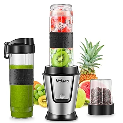 Image of Blender Smoothie Makers 500W, 2 in 1 Multifunctional Personal Mixer with 2x600ml Portable Bottles for Ice, Fruit, Vegetable, and 200ml Grinder, BPA Free, Home/Outdoors, Sliver, by Yabano