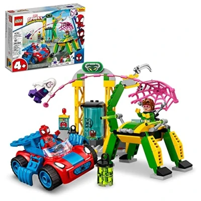 Image of LEGO Marvel Spidey and His Amazing Friends Spider Man at Doc Ock’s Lab 10783 Building Kit; Super Hero Playset with Man, a Vehicle 2 Other Minifigures; Gift for Kids Aged 4+ (131 Pieces)