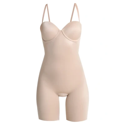 Image of Spanx SUIT YOUR Fancy Strapless Cupped Midtigh Bodysuit Body, Women&#039;s, Size: Small, Champagne beige