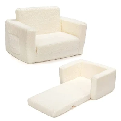 Image of BEJOY Kids Sofa Bed 2 in 1 Flip Out Cuddly Sherpa Toddler Couch Convertible to Lounger Children Children&#039;s Day and Birthday Gift for Girls Boys, White