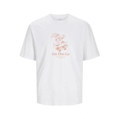Image of JACK &amp; JONES Men&#039;s Jorgame Tee SS Crew Neck Tg T Shirt, Bright White/Print: Orange Print, S