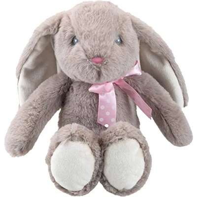 Image of VFM Grey Rabbit 23cm Plush With Pink Spotty Ribbon Bow Super Soft Sitting Floppy Ears Embroidered Details Pippin Bunny Cuddly Toy