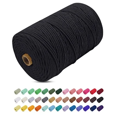 Image of Uiopa Macrame Cord 3mm x 200m, Thick Rope Yarn Soft Natural Cotton Cord, Coloured 4 Ply String for DIY Craft, Plant Hangers, Wall Hanging, Christmas Decorations (Black)