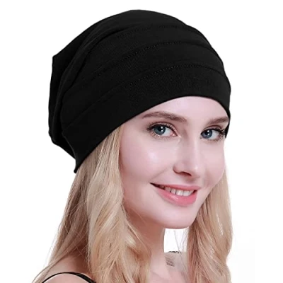 Image of osvyo Cotton Chemo Hats Soft Caps Cancer Headwear for Women Hair Loss Sealed Packaging, Black, One Size Fits All