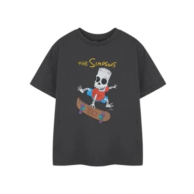 Image of Vanilla Underground The Simpsons Boys Grey Bart Halloween Graphic Tee Short Sleeve Cotton T Shirt Cartoon Skeleton Skateboard Theme Casual Everyday Wear Top