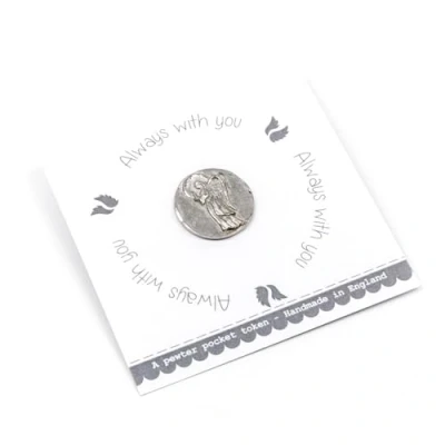 Image of Metal Planet Ltd Angel Coin pewter token on a printed &#039;Always with you&#039; gift card.