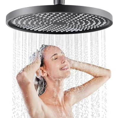 Image of Rainfall Shower Heads 10 Inch, Fixed Head Adjustable, Round Powerful High Pressure Overhead with self Cleaning Mechanism, Bathroom Rainhead (Black)
