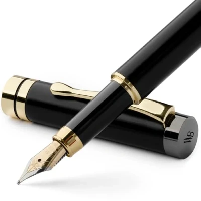 Image of Wordsworth &amp; Black Fountain Pen Set, Luxury Bamboo Wood Medium Nib, Gift Case; Includes 6 Ink Cartridges, Refill Converter Journaling, Calligraphy, Drawing, Smooth Writing [Black Wood]