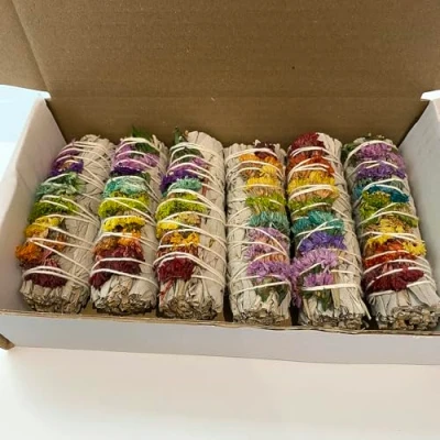 Image of VIE Sage Smudge Stick, White and 7 Chakra Flowers 4&quot;, Pack of 6