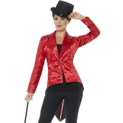 Image of Smiffys 46958 Ladies Sequin Tailcoat Jacket, Red, M UK Size 12 14