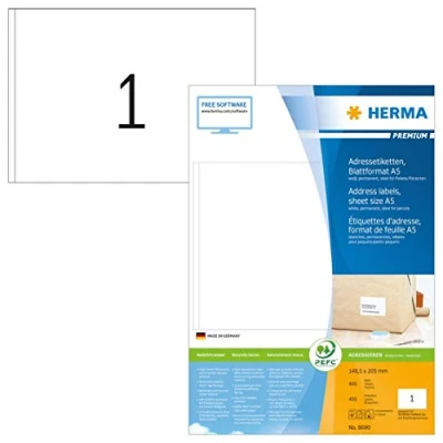 Image of HERMA Self Adhesive Multipurpose Labels, 1 Label per A5 Sheet, 400 Sheets, 148.5 x 205 mm, Blank Universal Labels Stickers, Sticky for Laser &amp; Inkjet Printer, White