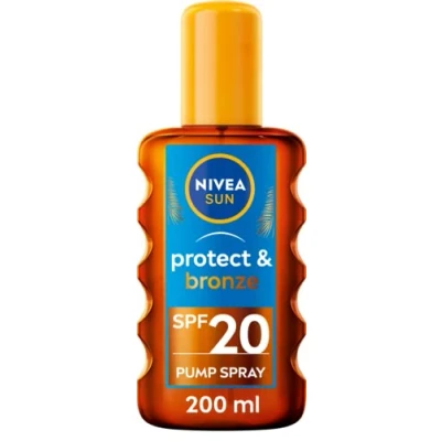 Image of NIVEA Sun Protect &amp; Bronze Spray Oil (200 ml), Bronzing Tanning with SPF20, Advanced Suncream Protection, Natural Pro Melanin Extract