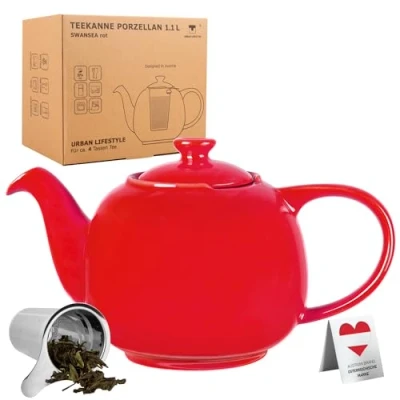 Image of Urban Lifestyle Swansea Teapot with Strainer Insert Red 1.1 L Porcelain Drip Free Tea Pot