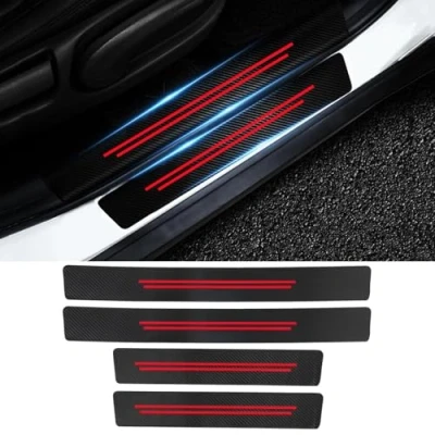 Image of 4 Pcs Fiber Car Door Sill Protectors for Opel Combo E X19 I 2018 2023 2024, Carbon Threshold Scuff Plate Cover Kick Plates(Red)
