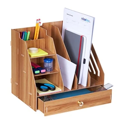 Image of Relaxdays Desk Organiser, Office Supplies and Documents, Different Size Compartments, DIY, MDF, 29.5x33x24 cm, Brown