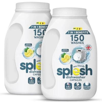 Image of Splesh 3 in 1 Ultimate Freshness Dishwasher Tablets, Lemon Scent Ultra Clean No Pre Rinse Needed Dishwashing Capsules, Extra Sparkle Tough on Stain and Grease Washing Up Tablet, 2x150W