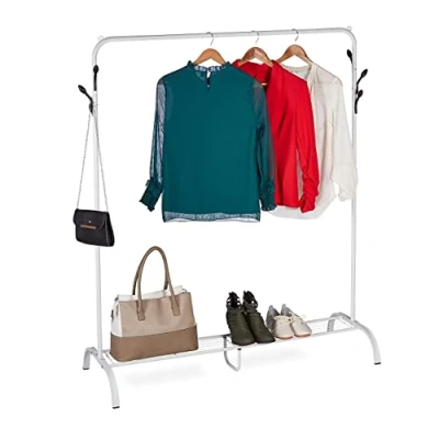 Image of Relaxdays Coat Rack Metal, Shoe &amp; Bag Shelf, 6 Hooks, Clothes Rail Bedroom, HWD: 145 x 132 44 cm, Free Standing, White, Steel