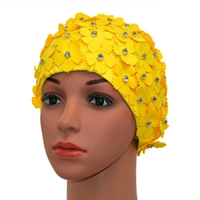 Image of Medifier Manual Rhinestone Floral Petal Retro Style Swim cap Bathing Caps for Women Yellow