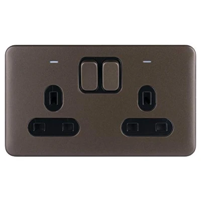 Image of Schneider Electric Lisse Screwless Deco Switched Double Power Socket, Pole, with Neon Indicator, 13A, GGBL3021DBMB, Mocha Bronze Black Insert