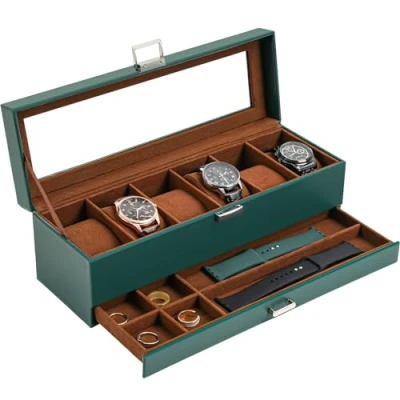 Image of ProCase Watch Box for Men, 6 Slot Display Case With Drawer, Mens Glass Lid, 2 Layer Jewelry and Storage Holder Organizer Men Women Slot, MidnightGreen