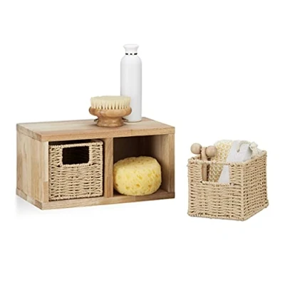 Image of Relaxdays Walnut Hanging Storage Unit, 2 Removable Baskets, Desing, for Wall Mounting, Natural Brown, 18 x 31 16 cm
