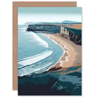 Image of Artery8 Rhossili Bay Cliffs over Beach Coastal Landscape Travel Birthday Sealed Greeting Card Plus Envelope Blank inside