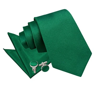 Image of DQT Men Plain Satin 9cm Wide Tie + Pocket Square &amp; Cufflinks Set Emerald Green