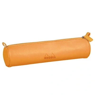 Image of RHODIA 318890C Orange Rhodiarama Round Pencil Case 21.5 x 5.5 cm Genuine Stitching Ivory Jersey Interior Faux Leather Storage for Pens, Pencils, Markers, Small Supplies
