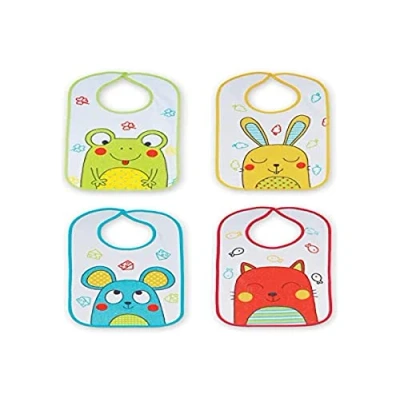 Image of Ti TIN 4 Pack Waterproof Baby bib, 25x35 cm bib with Hook and Loop Fastener for Babies from 6 to 18 Months, Made of 100% Polyester Microfibre Vinyl Lining, Various Prints Colours