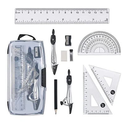 Image of Vicloon Geometry Compass Set, 10pcs Maths Set in Carry Case, Educational Supplies wiht 2 Types Drawing Compasses, Protractor Ruler Pencil, Eraser, Sharpener for School, Engineers