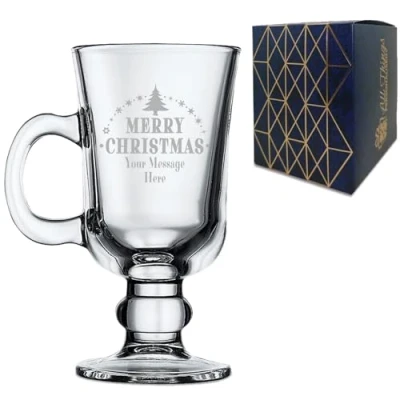 Image of Personalised Engraved Novelty Christmas Irish Coffee Glass Cup with Merry Tree Design, Customise Any Name or Message, Gift Box Included, Laser