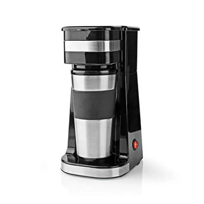 Image of Ex Pro Single Serve Coffee 1 Cup Maker Machine and Double Wall Insulated Travel Mug, Stainless Steel, 420ml Silver/Black