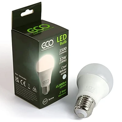 Image of ECO 100W E27 Edison Screw Energy Saving LED Light Bulb, Low 12W LED, Bright 1500 Lumens, Cool White 6500K, 15,000Hrs Lifetime. 1x Pack.