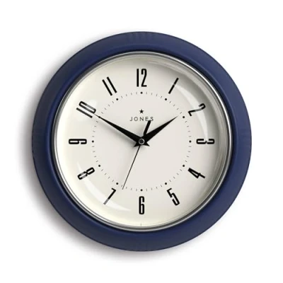 Image of Jones Clocks® Ketchup wall clock Retro round 25cm Indigo blue Easy to read numbers Perfect kitchen or office