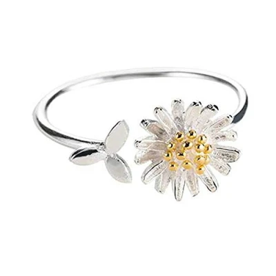 Image of Daisy Flower Cute Leaf Sterling Silver Engagement Open Toe Rings Dainty Adjustable Gold Plated Finger Promise Statement Band Sunflower Ring Jewelry Gifts for Birthday Women Girlfriend Teen Girls