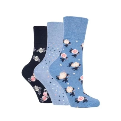 Image of SockShop Ladies Gentle Grip Honeycomb Top Cotton Socks Pack of 3 (UK, Numeric, 4, 8, Regular, Blue Flowers)