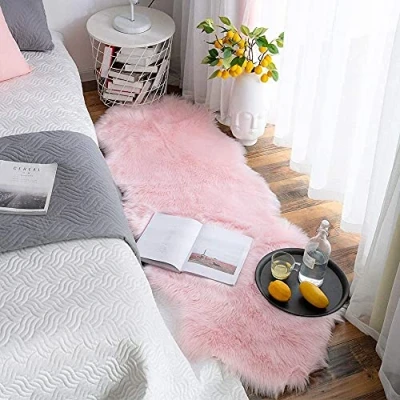 Image of YIHAIC Faux Fur Sheepskin Style Rug,Faux Fleece Fluffy Area Rugs Seat Pad Anti Skid Yoga Carpet for Living Room Bedroom Sofa Floor (Pink, 60 x 160cm)