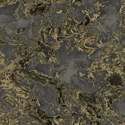 Image of Liquid Marble Swirl Effect Wallpaper Stone 3D Metallic Glitter Black and Gold