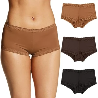 Image of Maidenform womens Microfiber Boyshort Panty pack, One Fab Fit Panties With Lace, 3 Cinnamon Butter/Warm Cocoa/Black, M
