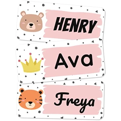 Image of melu kids® Name Labels for Clothes &amp; Other (100, Pink) Personalised and Washable Kids Stickers, Stick on Tags School, Care Homes