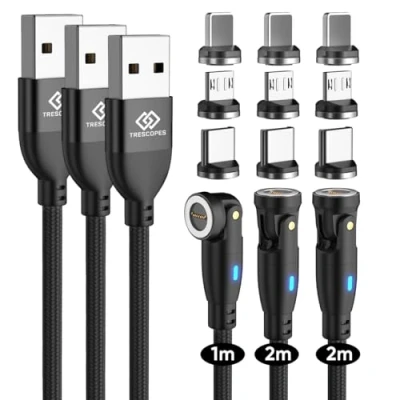 Image of Trescopes 9 Pin Magnetic Fast Charging Cable, [3 Pack], 540 Rotating Heads. Data Transfer. Micro USB, Type C, compatible with all Smartphones. USB C Charger