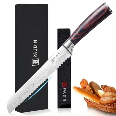 Image of PAUDIN Bread Knife, Sharp Knives 8 Inch, High Carbon Stainless Steel Forged Knife Large with Wooden Handle, Serrated for Cutting Crusty Bread, Pastry, Cake &amp; Homemade